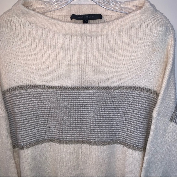 St. John Luxury Cashmere Wool Sweater Large Striped Cream Gray Metallic Knit XL - Picture 6 of 9